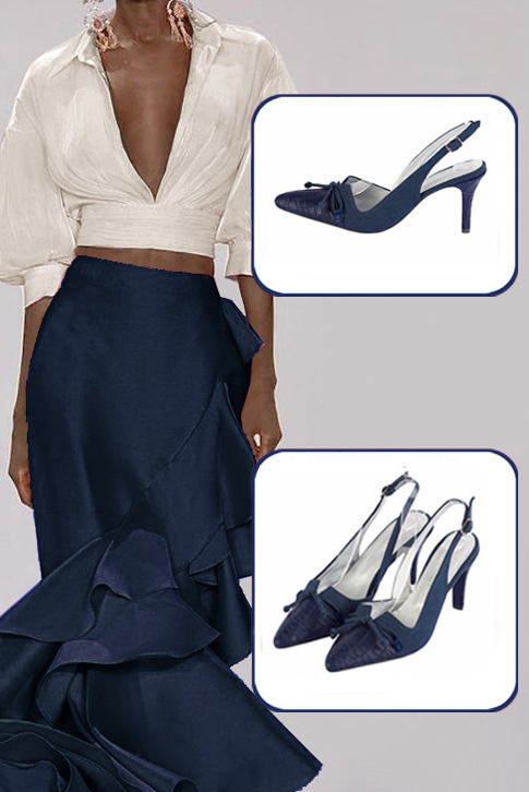 Women's navy blue elegant slingback heels, with a bow on the front. Tapered toe. High slim heel - Worn view